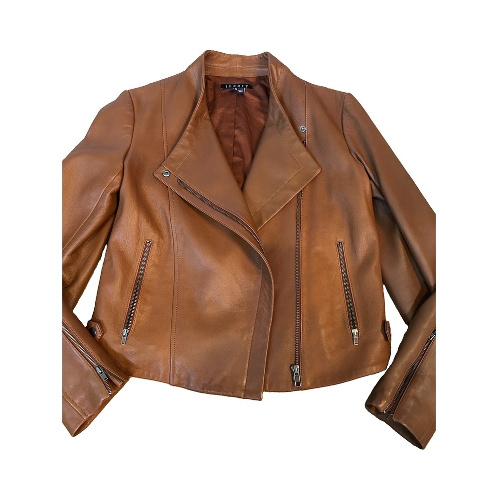THEORY Lambskin Cognac Leather  Zip Moto Jacket Butter Soft EUC